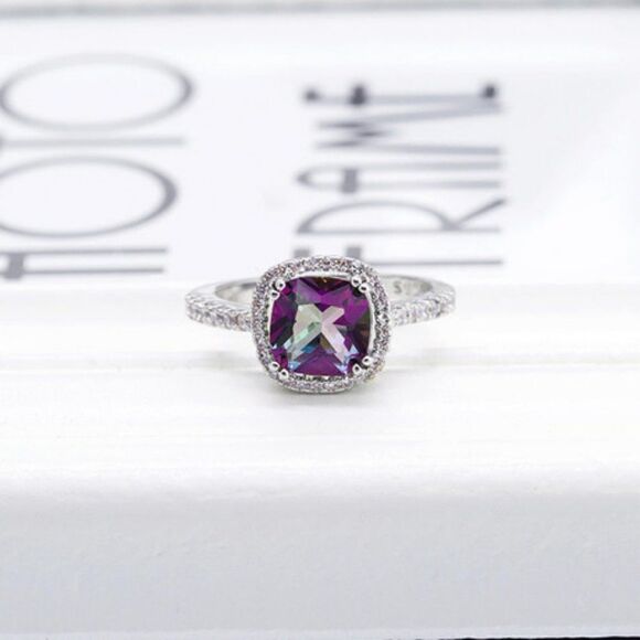 Sterling Silver Rainbow Topaz Diamond Halo Ring - Picture 4 of 5